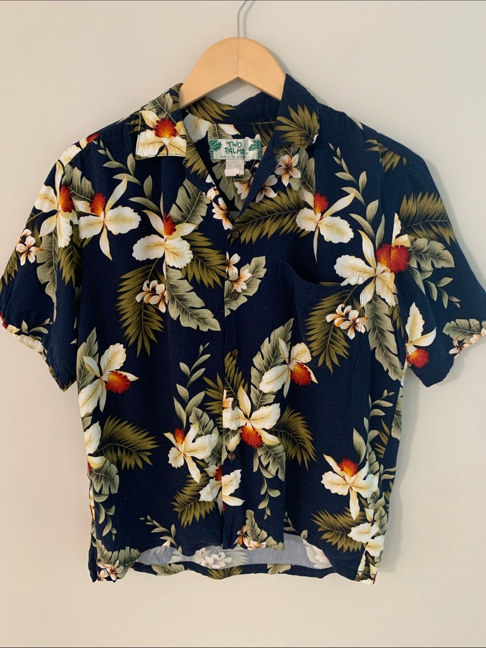 Two Palms Men’s Orchid Rayon Short Sleeve Button Up Shirt Blue Made In Hawaii